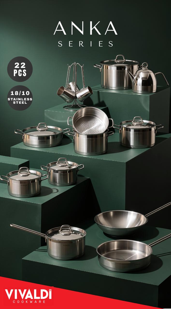 Vivaldi Anka 22-Piece Stainless Steel Cookware Set – Stainless Steel Handles