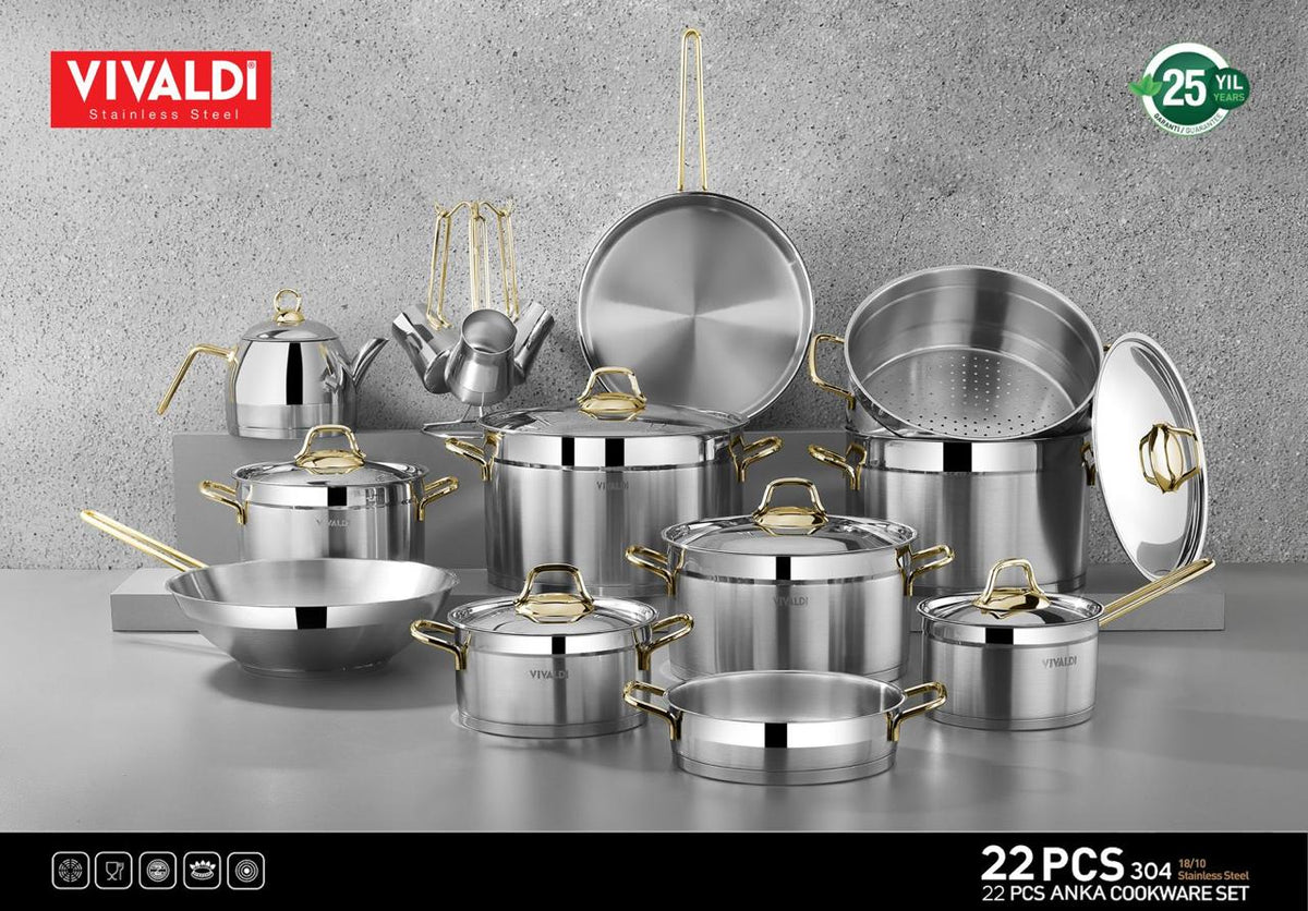 Vivaldi Anka 22-Piece Stainless Steel Cookware Set – Gold Handles