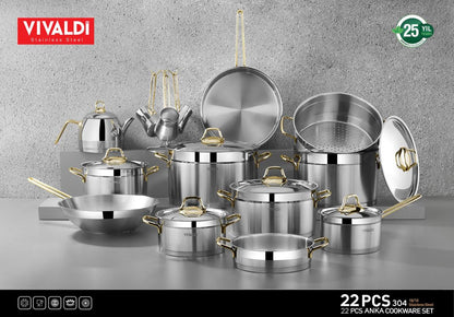 Vivaldi Anka 22-Piece Stainless Steel Cookware Set – Gold Handles