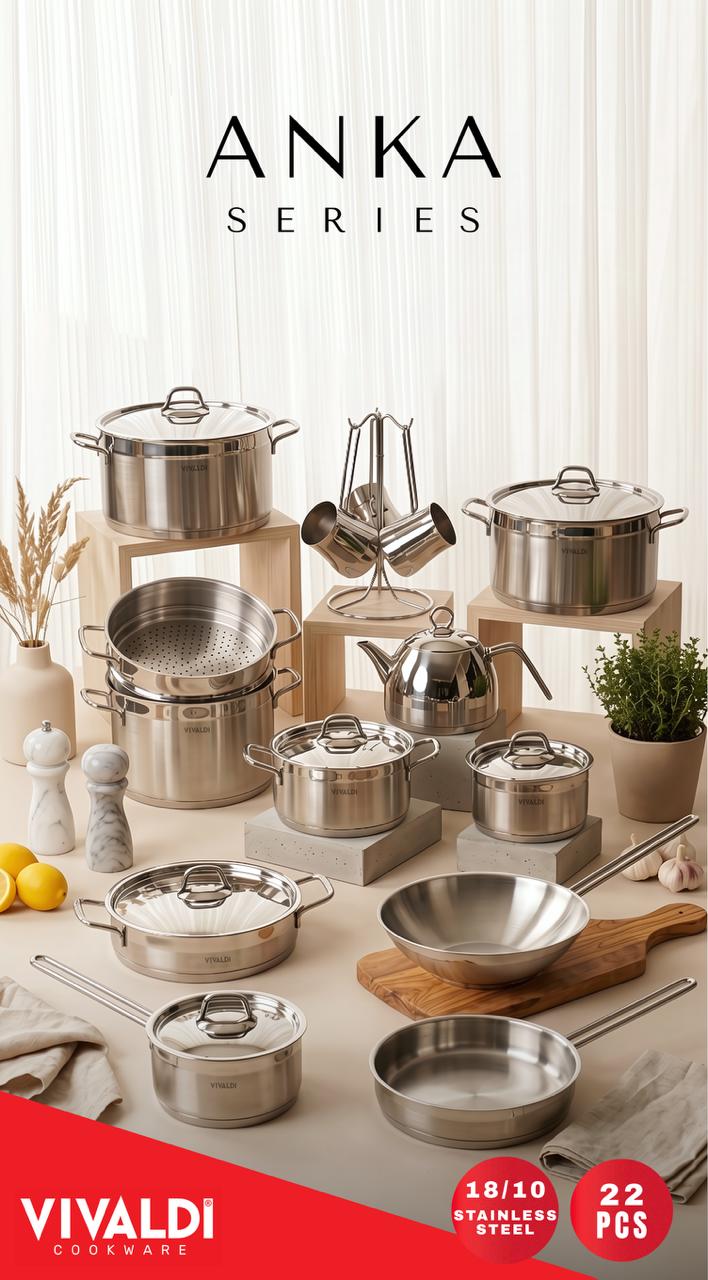 Vivaldi Anka 22-Piece Stainless Steel Cookware Set – Stainless Steel Handles