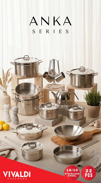Vivaldi Anka 22-Piece Stainless Steel Cookware Set – Stainless Steel Handles