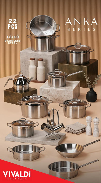 Vivaldi Anka 22-Piece Stainless Steel Cookware Set – Stainless Steel Handles