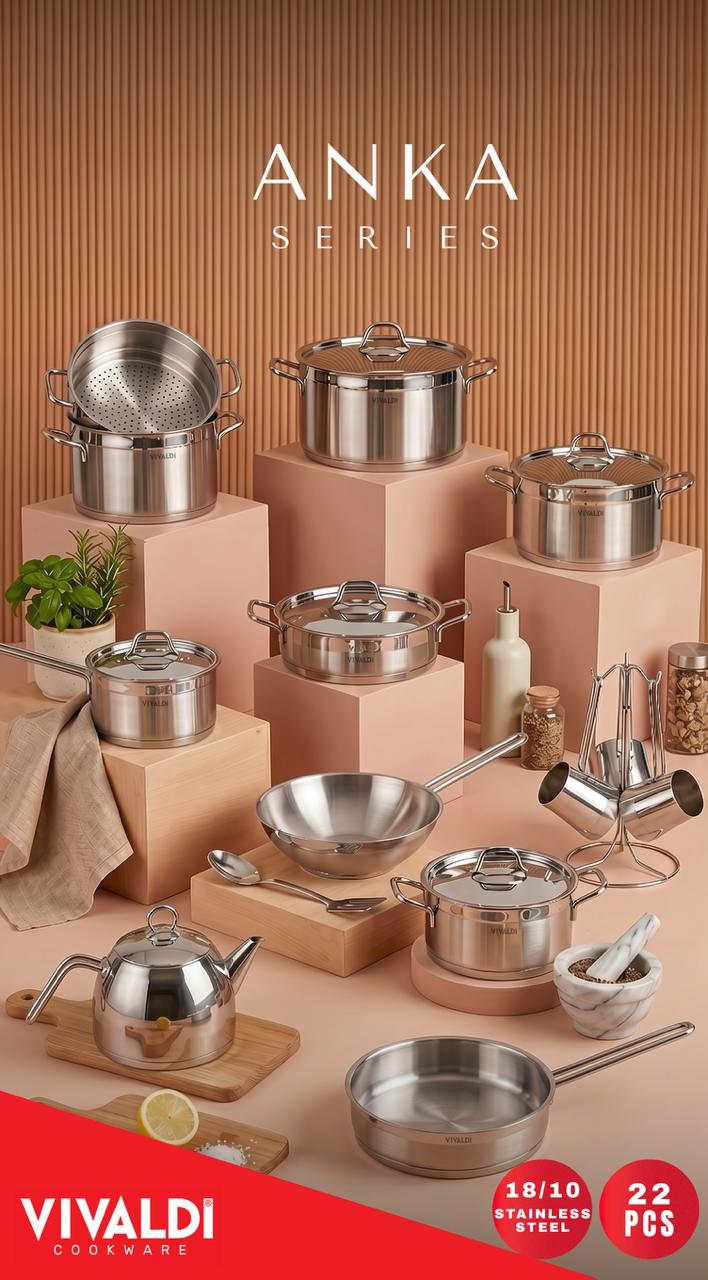 Vivaldi Anka 22-Piece Stainless Steel Cookware Set – Stainless Steel Handles