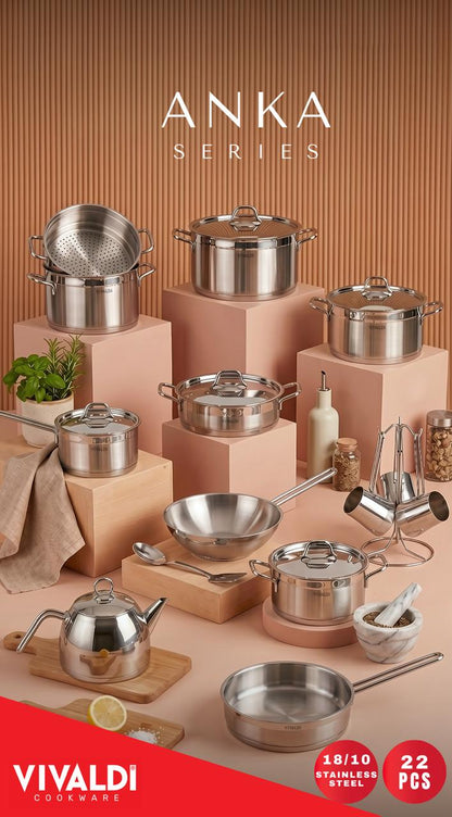 Vivaldi Anka 22-Piece Stainless Steel Cookware Set – Stainless Steel Handles