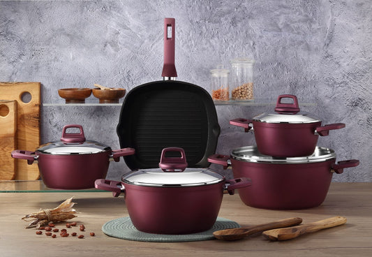 Ecoten 9-Piece Teflon Titanium Cookware Set - Grill (Fuchsia)
