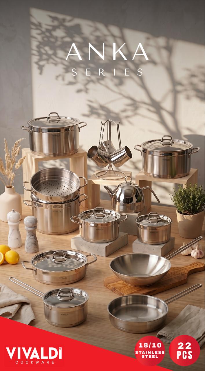 Vivaldi Anka 22-Piece Stainless Steel Cookware Set – Stainless Steel Handles