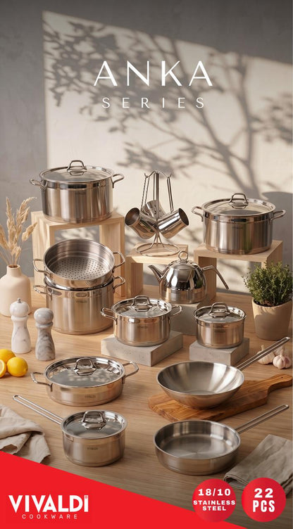 Vivaldi Anka 22-Piece Stainless Steel Cookware Set – Stainless Steel Handles