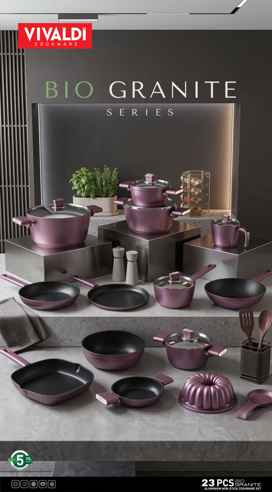 Vivaldi Titanium Cookware Set with Stainless Steel Lids - 23 Pieces