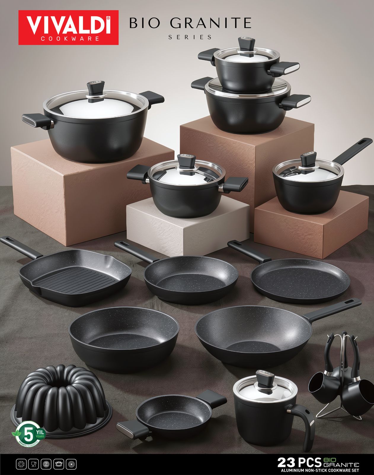 Vivaldi Titanium Cookware Set with Stainless Steel Lids - 23 Pieces