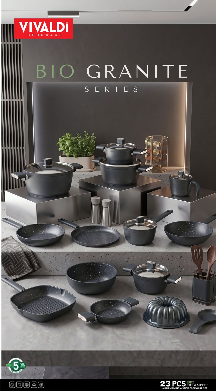 Vivaldi Bio Granite Cookware Set with Stainless Steel Lids - 23 Pieces