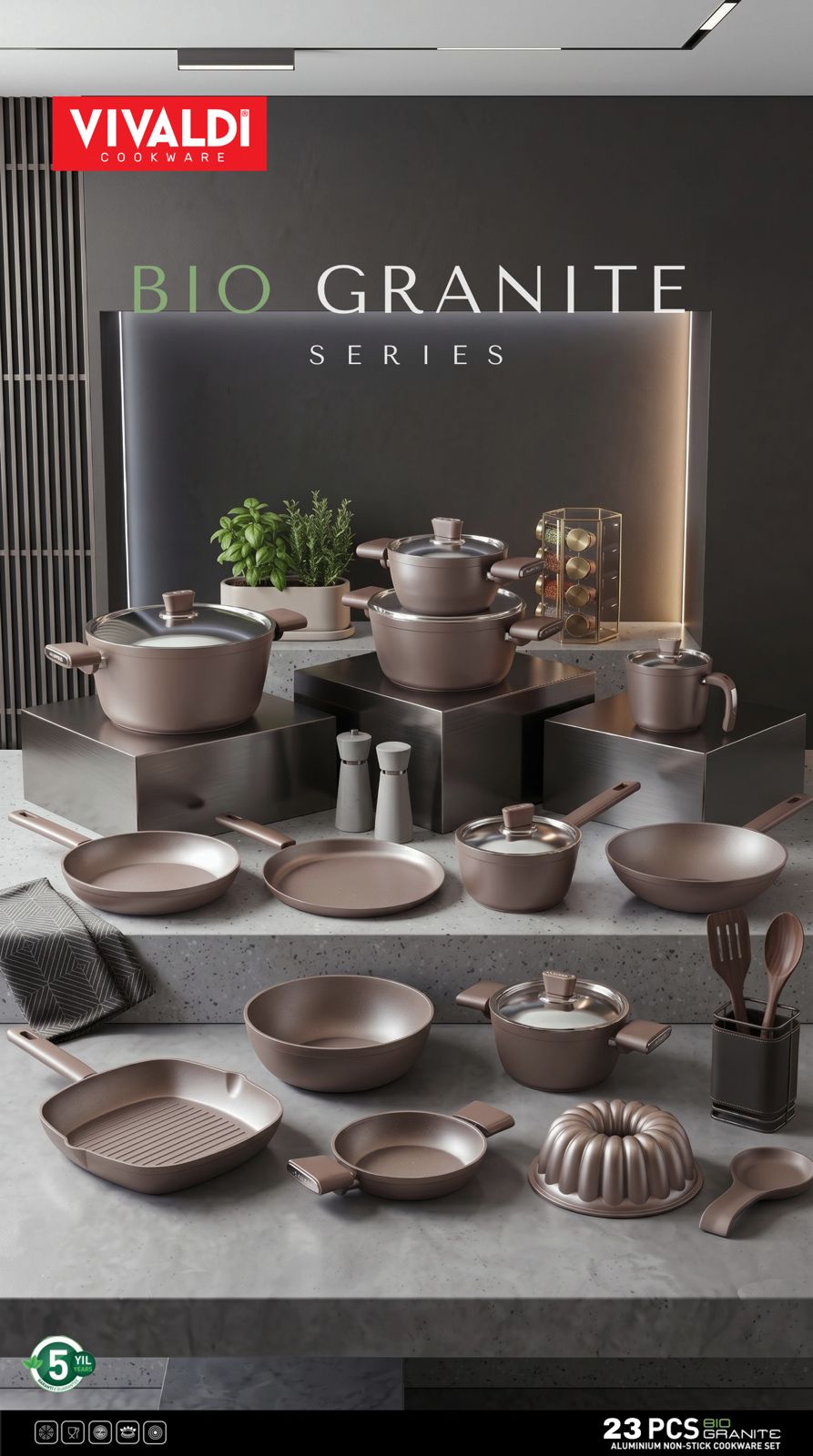 Vivaldi Bio Granite Cookware Set with Stainless Steel Lids - 23 Pieces