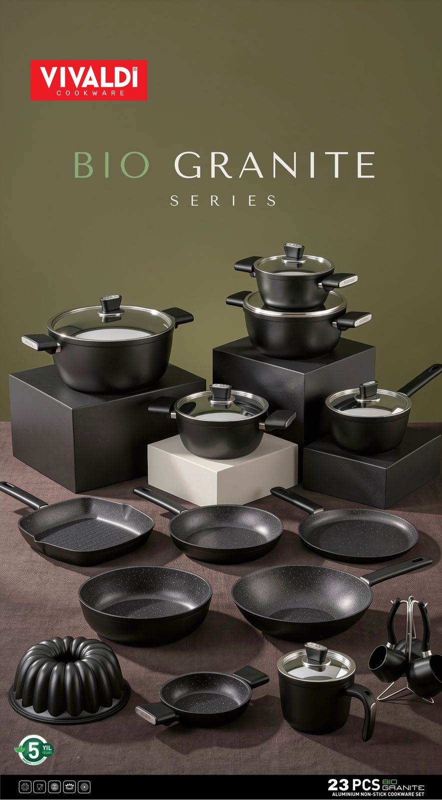 Vivaldi Bio Granite Cookware Set with Stainless Steel Lids - 23 Pieces